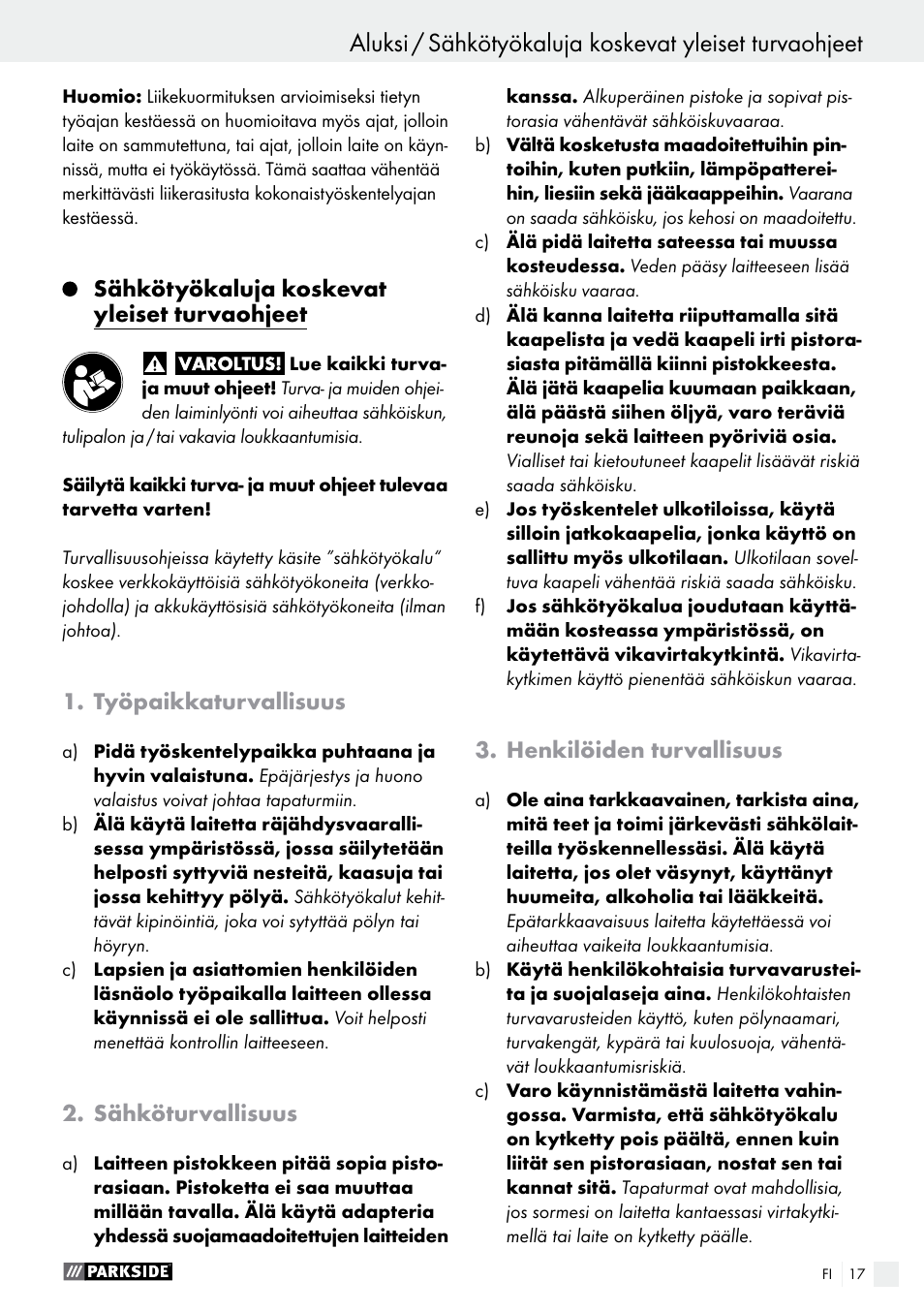 Sähkötyökaluja koskevat yleiset turvaohjeet, Työpaikkaturvallisuus, Sähköturvallisuus | Henkilöiden turvallisuus | Parkside PMFW 280 A2 User Manual | Page 17 / 60