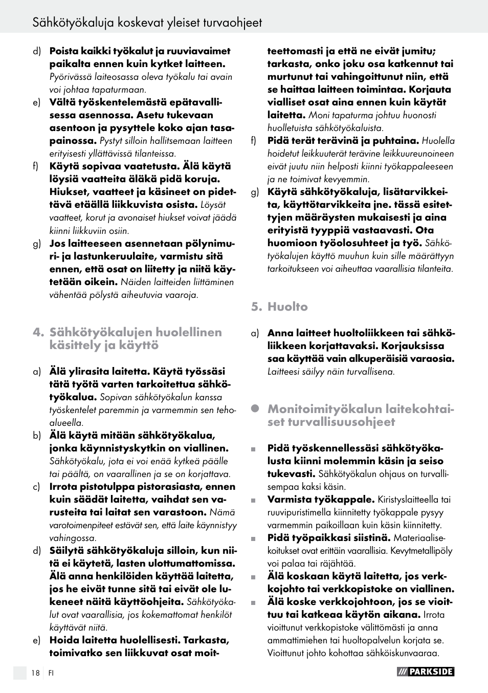 Sähkötyökalujen huolellinen käsittely ja käyttö, Huolto | Parkside PMFW 280 A2 User Manual | Page 18 / 60