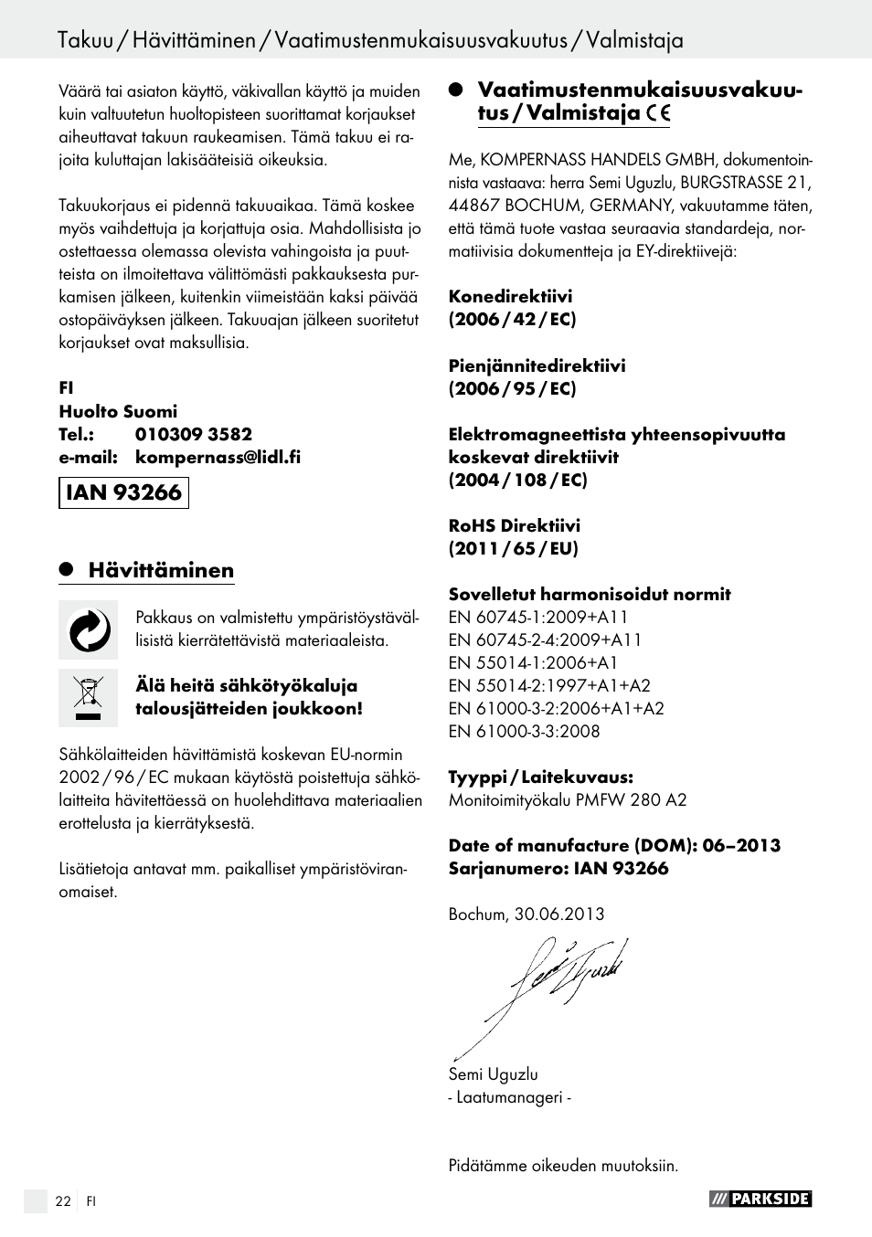 Hävittäminen, Vaatimustenmukaisuusvakuu- tus / valmistaja | Parkside PMFW 280 A2 User Manual | Page 22 / 60