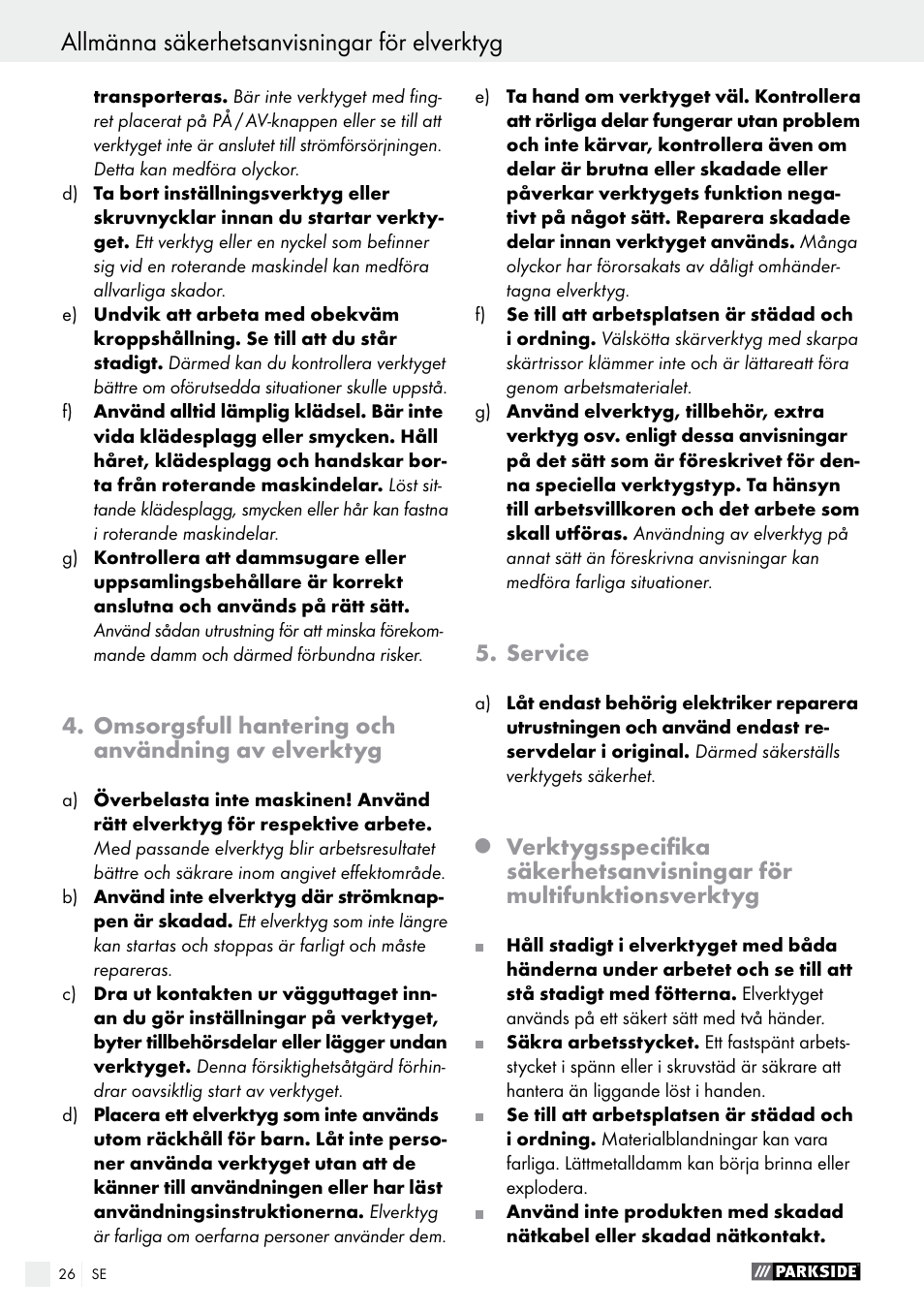 Omsorgsfull hantering och användning av elverktyg, Service | Parkside PMFW 280 A2 User Manual | Page 26 / 60