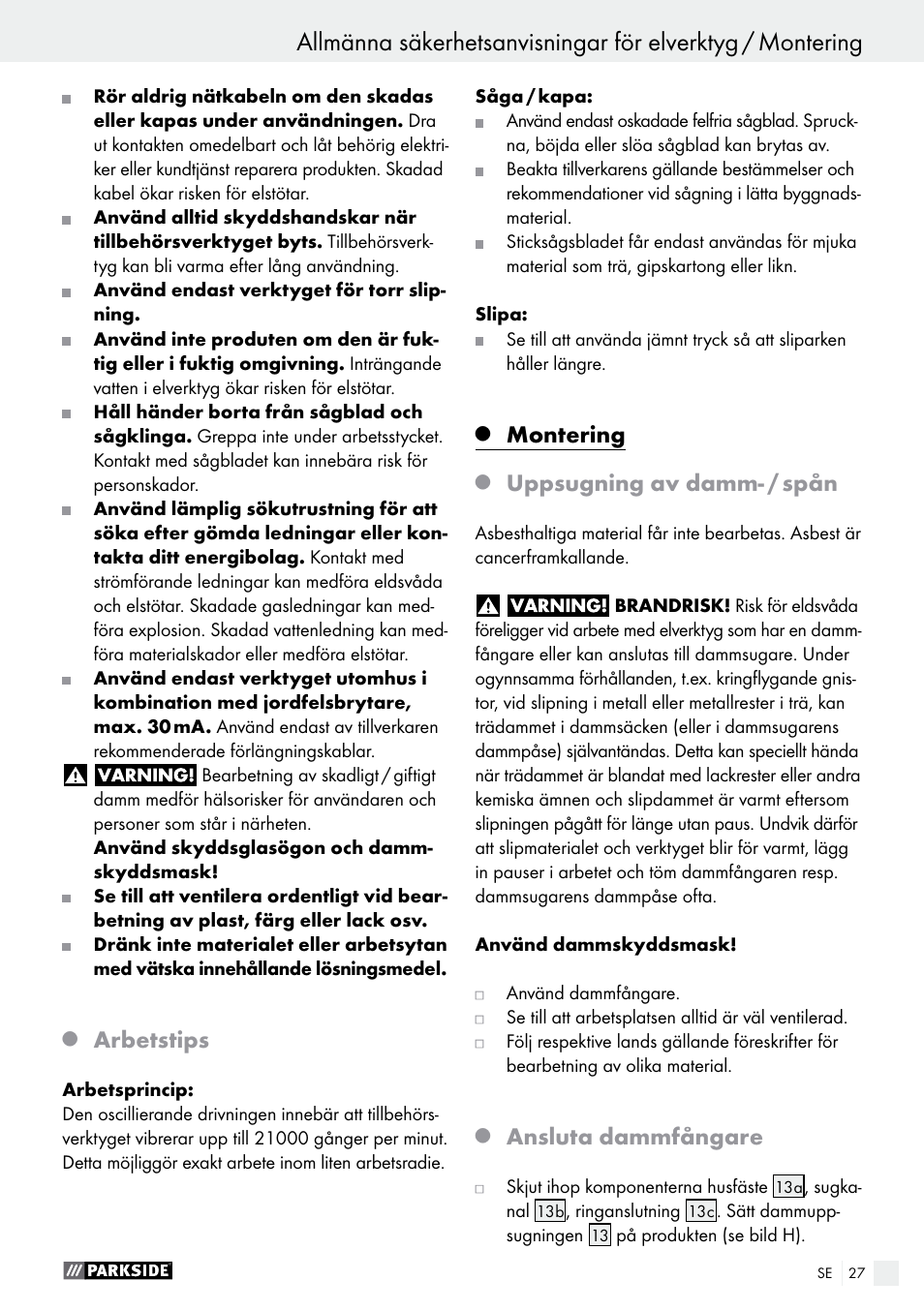 Arbetstips, Montering, Uppsugning av damm- / spån | Ansluta dammfångare | Parkside PMFW 280 A2 User Manual | Page 27 / 60