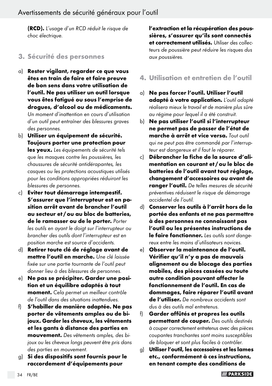 Avertissements de sécurité généraux pour l’outil, Sécurité des personnes, Utilisation et entretien de l’outil | Parkside PMFW 280 A2 User Manual | Page 34 / 60