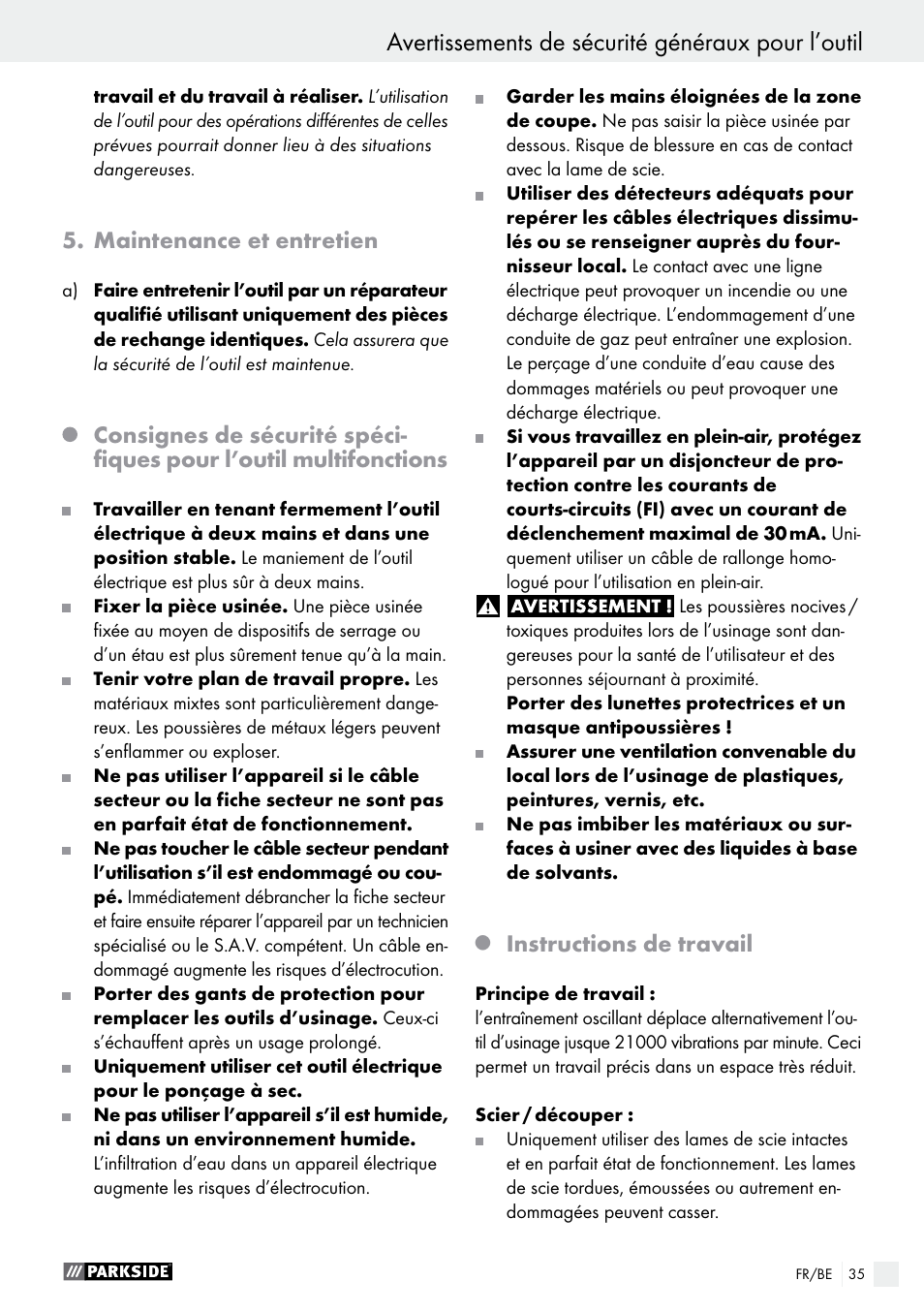 Avertissements de sécurité généraux pour l’outil, Maintenance et entretien, Instructions de travail | Parkside PMFW 280 A2 User Manual | Page 35 / 60