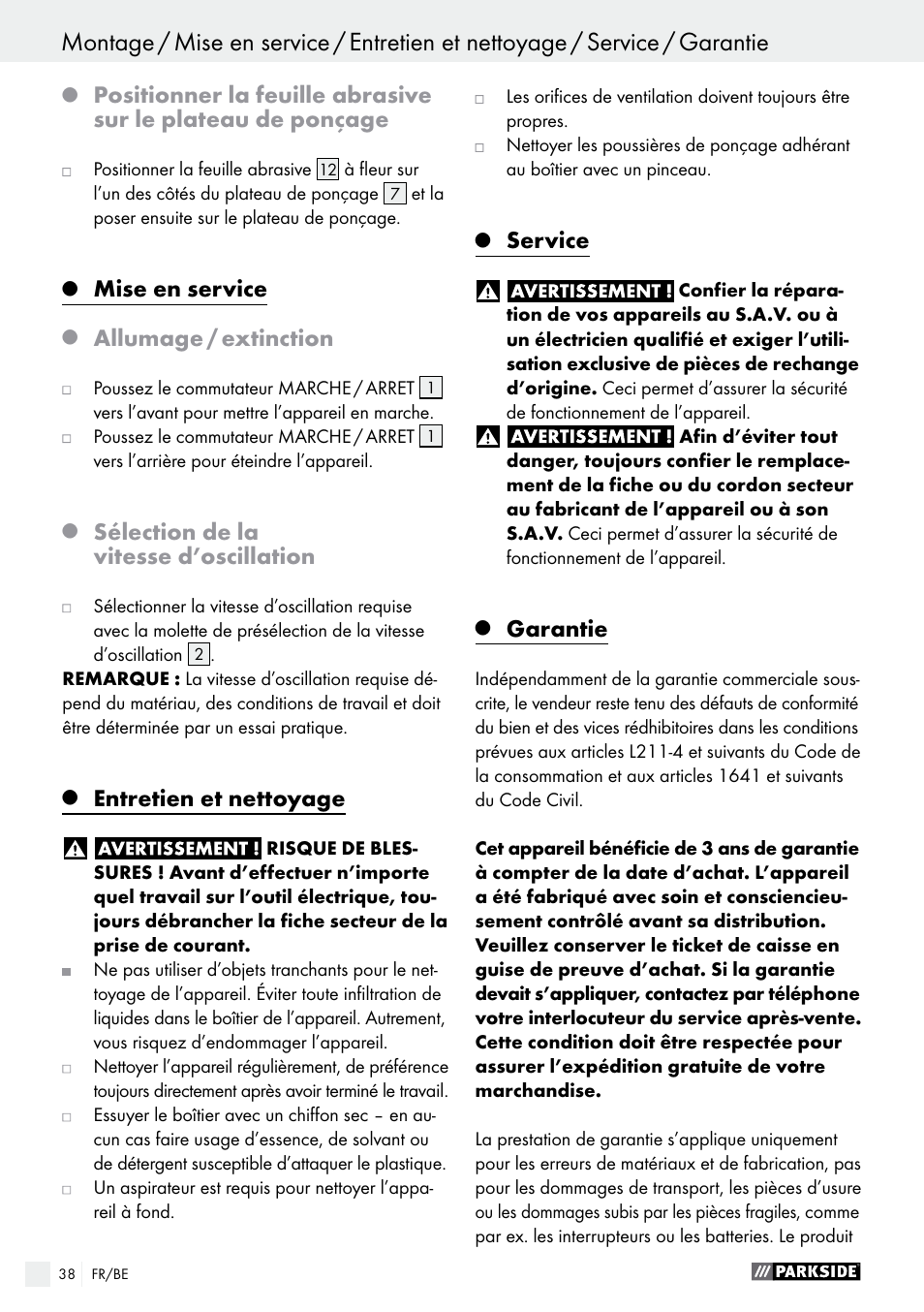 Mise en service, Allumage / extinction, Sélection de la vitesse d’oscillation | Entretien et nettoyage, Service, Garantie | Parkside PMFW 280 A2 User Manual | Page 38 / 60