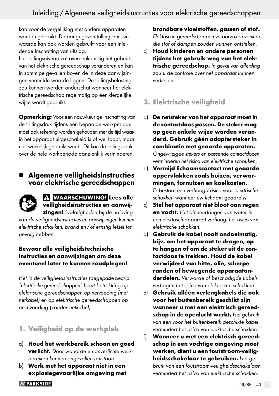 Veiligheid op de werkplek, Elektrische veiligheid | Parkside PMFW 280 A2 User Manual | Page 43 / 60