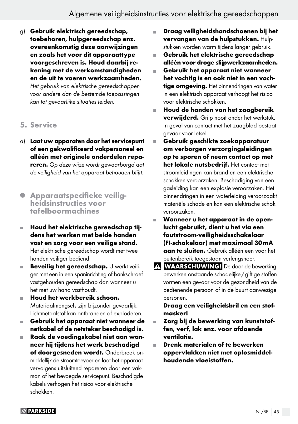 Service | Parkside PMFW 280 A2 User Manual | Page 45 / 60