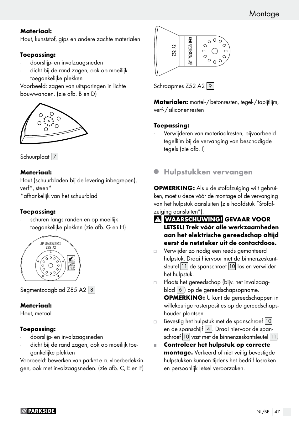 Hulpstukken vervangen | Parkside PMFW 280 A2 User Manual | Page 47 / 60