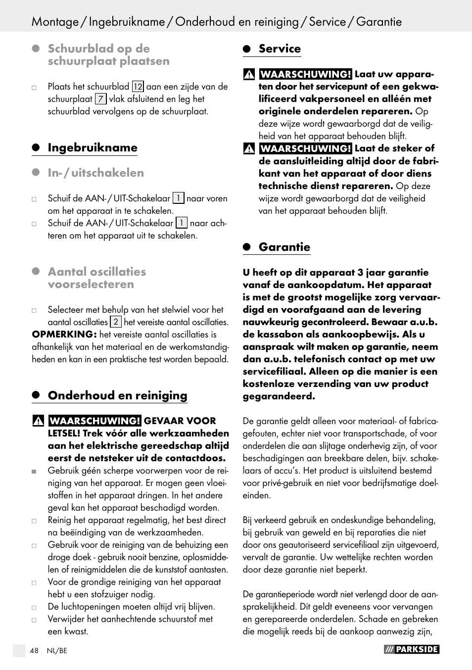 Schuurblad op de schuurplaat plaatsen, Ingebruikname, In- / uitschakelen | Aantal oscillaties voorselecteren, Onderhoud en reiniging, Service, Garantie | Parkside PMFW 280 A2 User Manual | Page 48 / 60