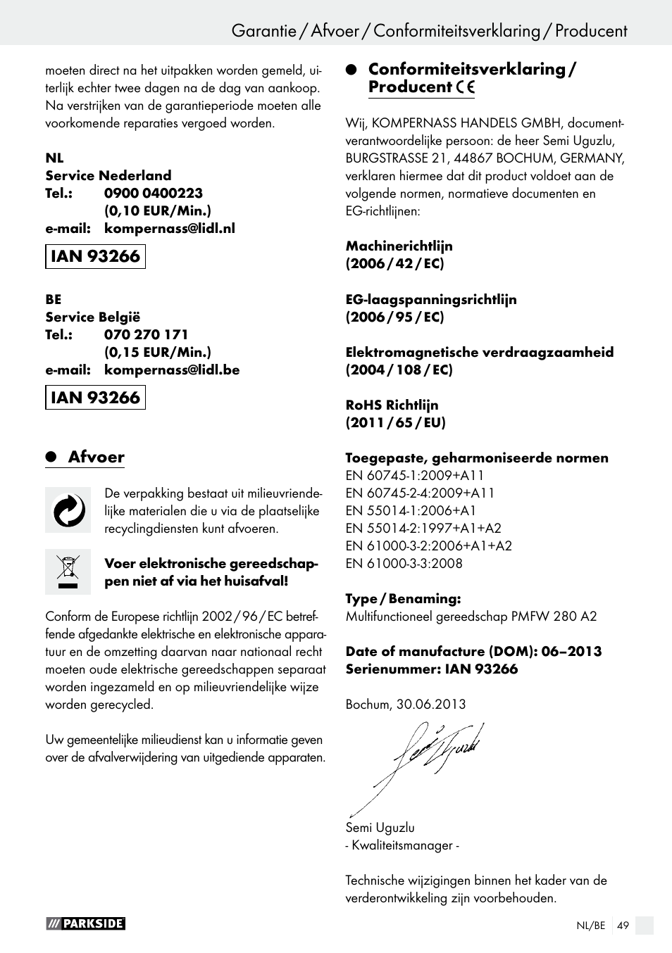 Afvoer, Conformiteitsverklaring / producent | Parkside PMFW 280 A2 User Manual | Page 49 / 60