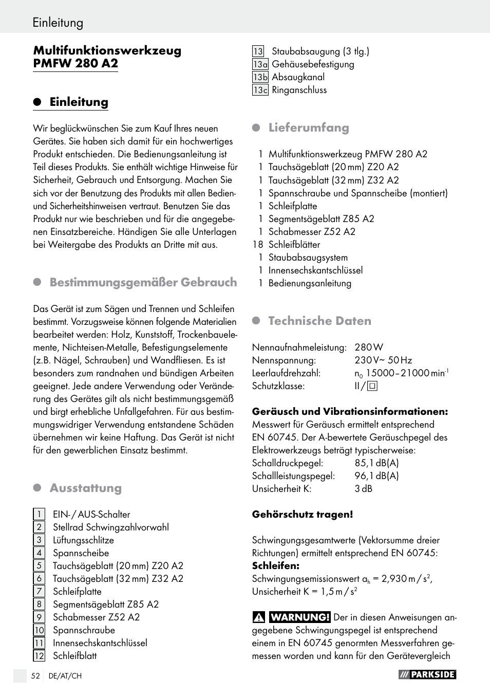 Einleitung, Multifunktionswerkzeug pmfw 280 a2, Bestimmungsgemäßer gebrauch | Ausstattung, Lieferumfang, Technische daten | Parkside PMFW 280 A2 User Manual | Page 52 / 60