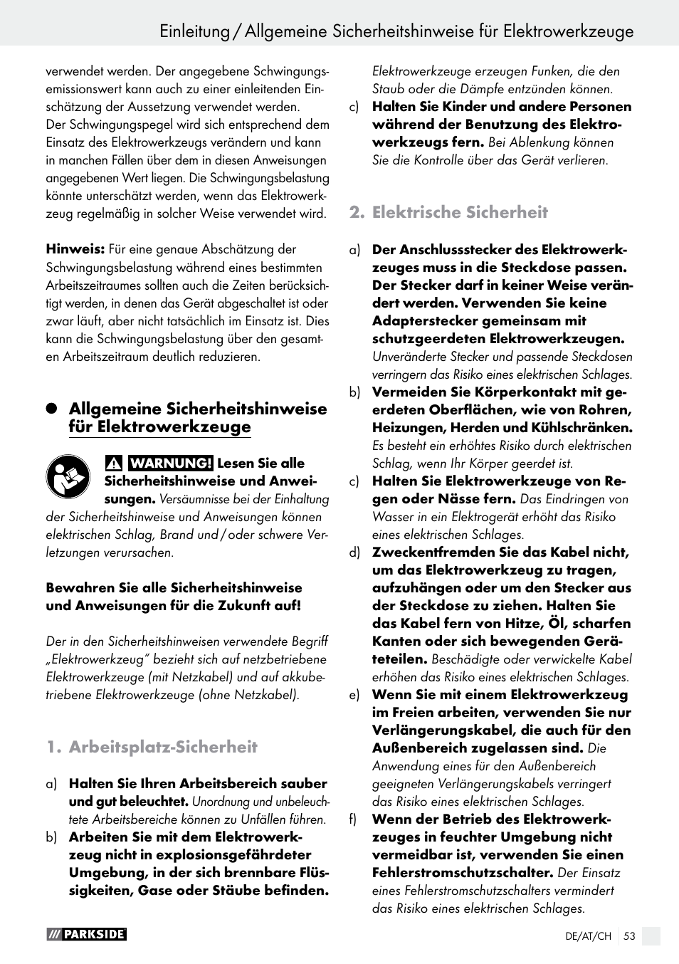 Arbeitsplatz-sicherheit, Elektrische sicherheit | Parkside PMFW 280 A2 User Manual | Page 53 / 60