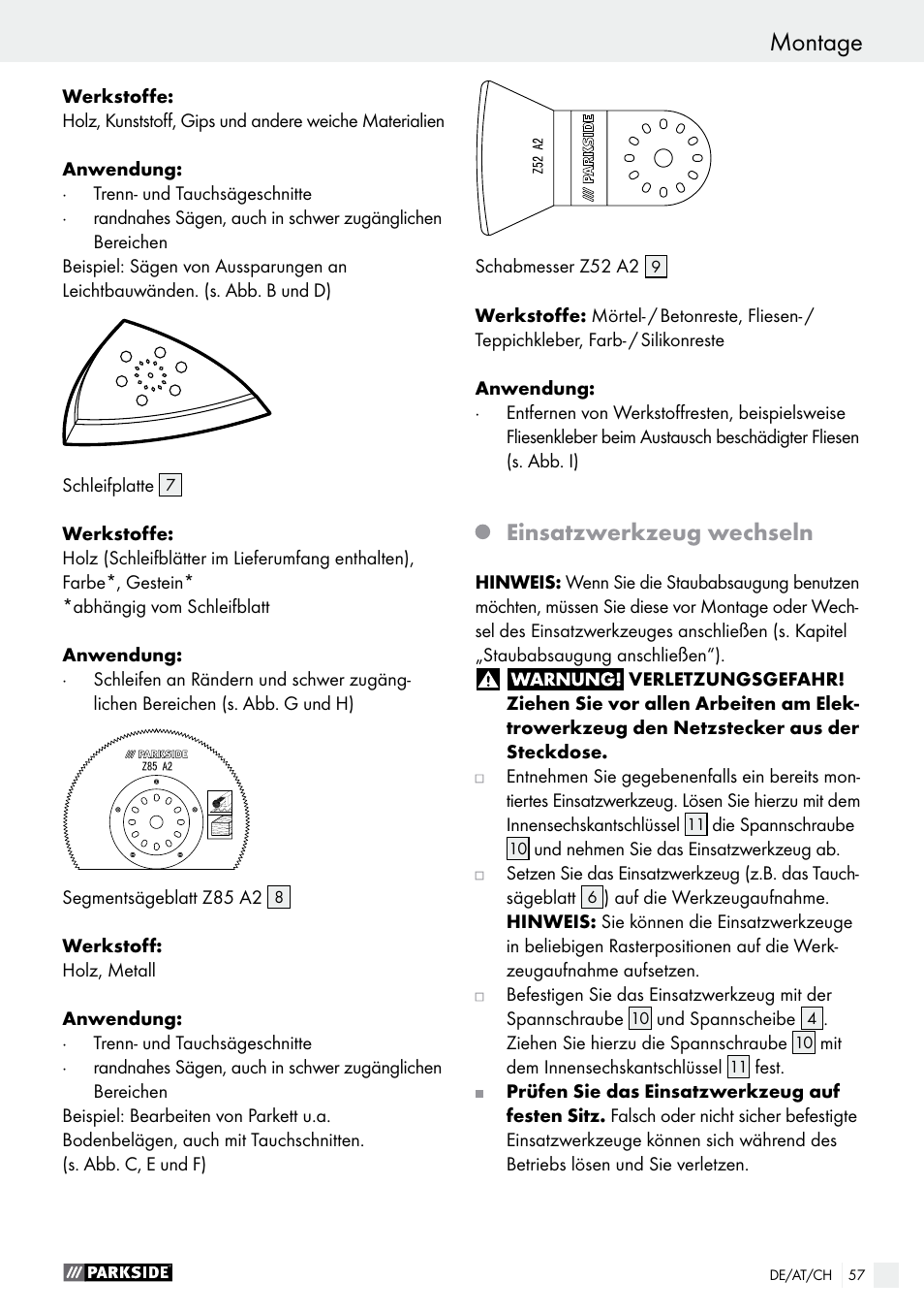 Montage, Einsatzwerkzeug wechseln | Parkside PMFW 280 A2 User Manual | Page 57 / 60