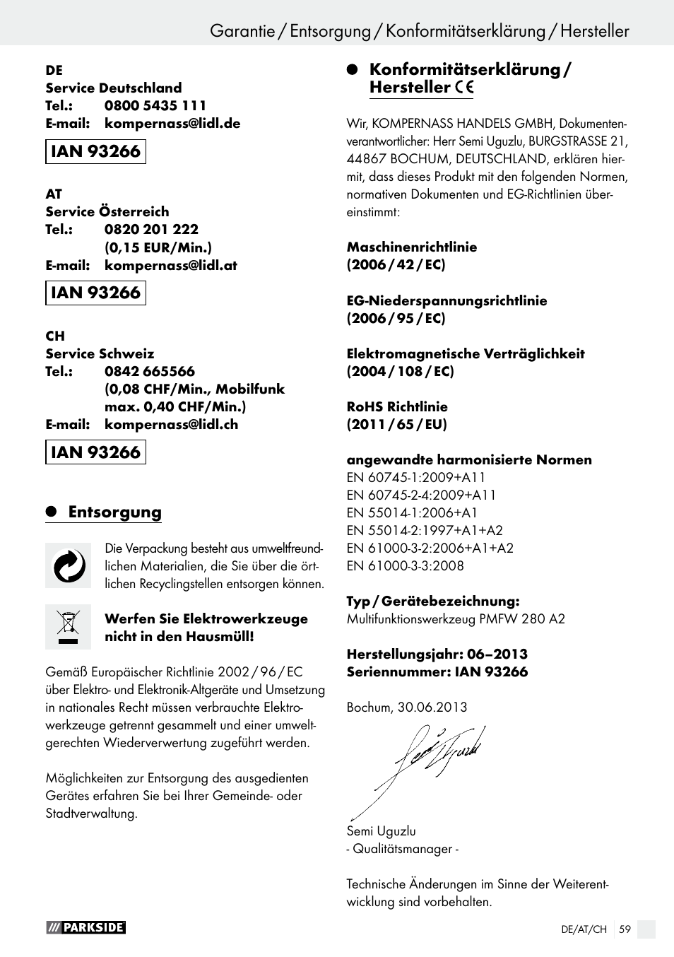 Parkside PMFW 280 A2 User Manual | Page 59 / 60