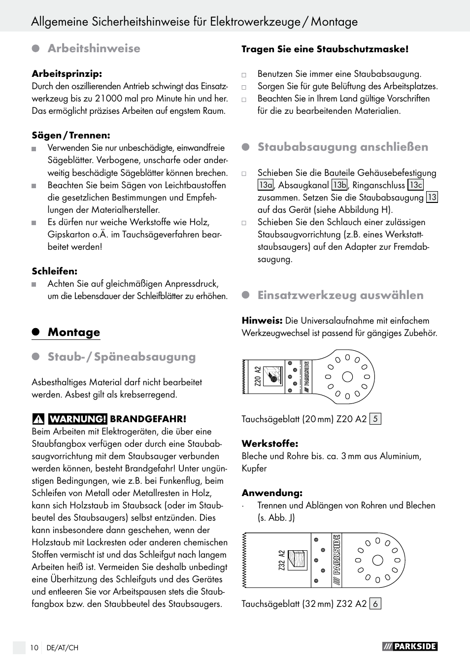 Arbeitshinweise, Montage, Staub- / späneabsaugung | Staubabsaugung anschließen, Einsatzwerkzeug auswählen | Parkside PMFW 280 A2 User Manual | Page 10 / 44