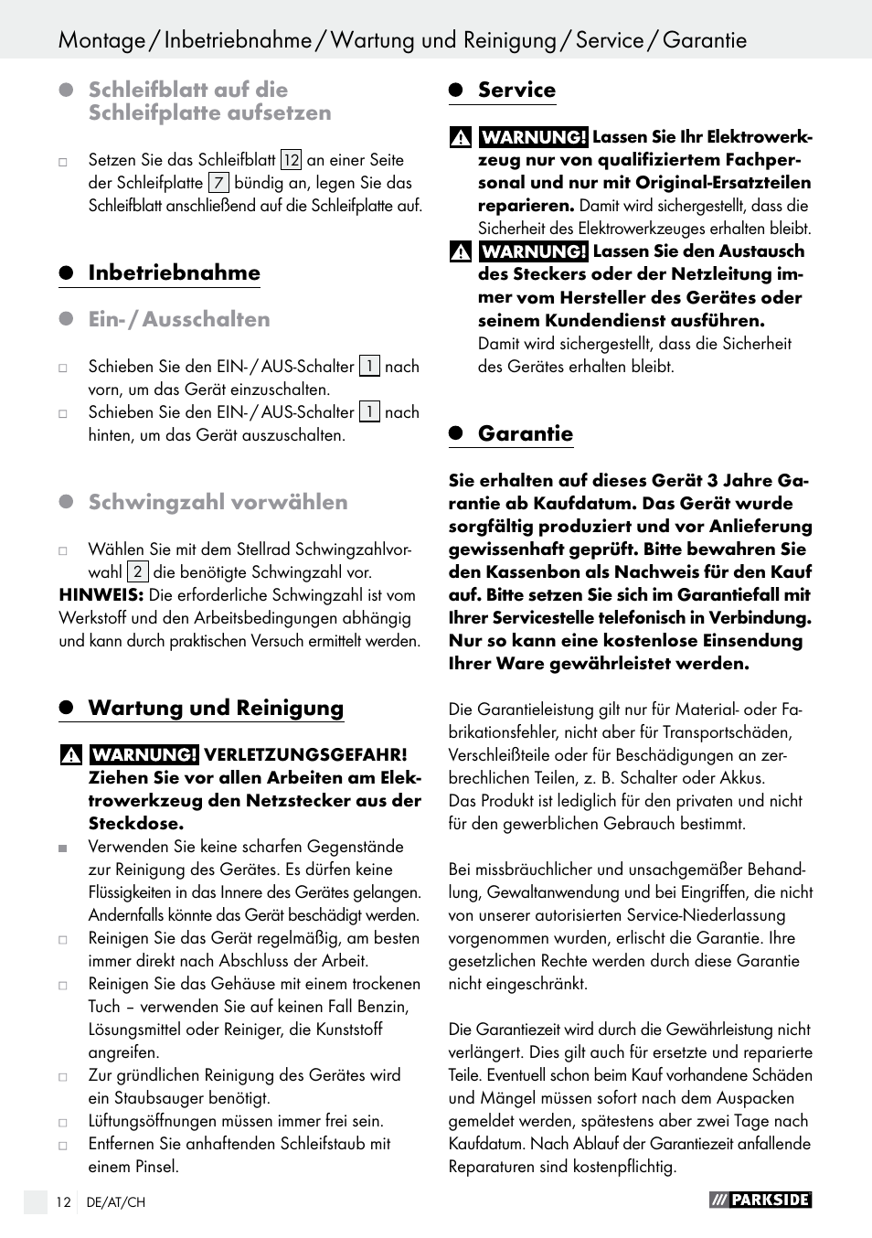 Schleifblatt auf die schleifplatte aufsetzen, Inbetriebnahme, Ein- / ausschalten | Schwingzahl vorwählen, Wartung und reinigung, Service, Garantie | Parkside PMFW 280 A2 User Manual | Page 12 / 44
