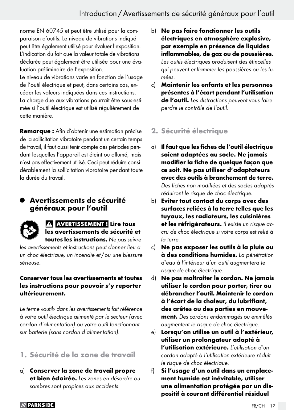 Avertissements de sécurité généraux pour l’outil, Sécurité de la zone de travail, Sécurité électrique | Parkside PMFW 280 A2 User Manual | Page 17 / 44