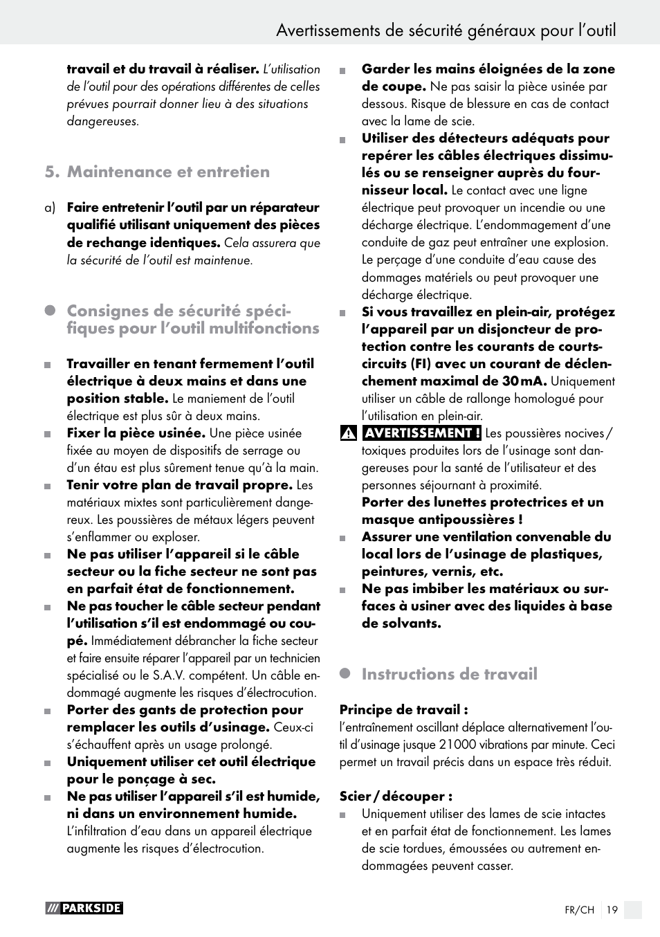 Avertissements de sécurité généraux pour l’outil, Maintenance et entretien, Instructions de travail | Parkside PMFW 280 A2 User Manual | Page 19 / 44