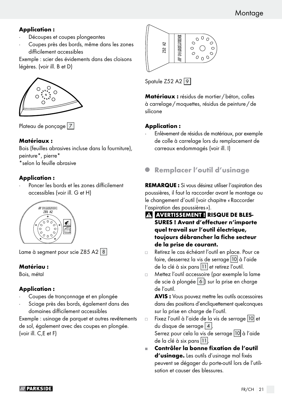 Remplacer l’outil d’usinage | Parkside PMFW 280 A2 User Manual | Page 21 / 44