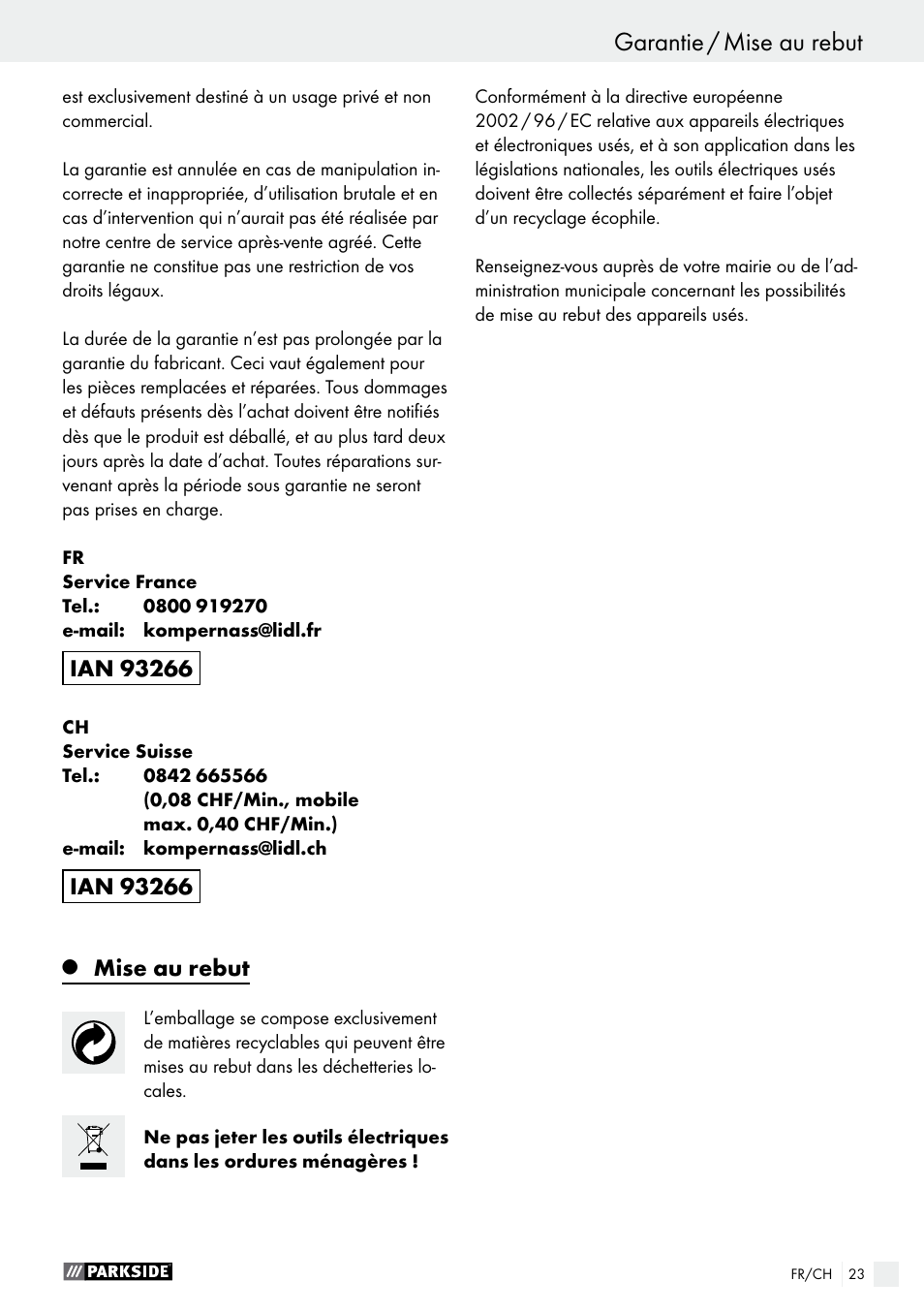 Mise au rebut | Parkside PMFW 280 A2 User Manual | Page 23 / 44