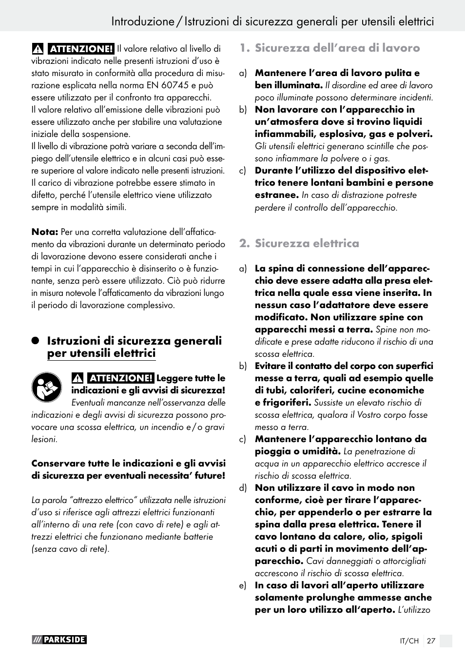 Sicurezza dell’area di lavoro, Sicurezza elettrica | Parkside PMFW 280 A2 User Manual | Page 27 / 44