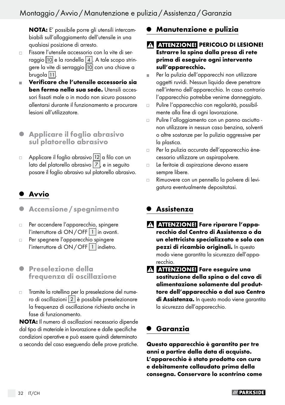 Avvio, Accensione / spegnimento, Preselezione della frequenza di oscillazione | Manutenzione e pulizia, Assistenza, Garanzia | Parkside PMFW 280 A2 User Manual | Page 32 / 44