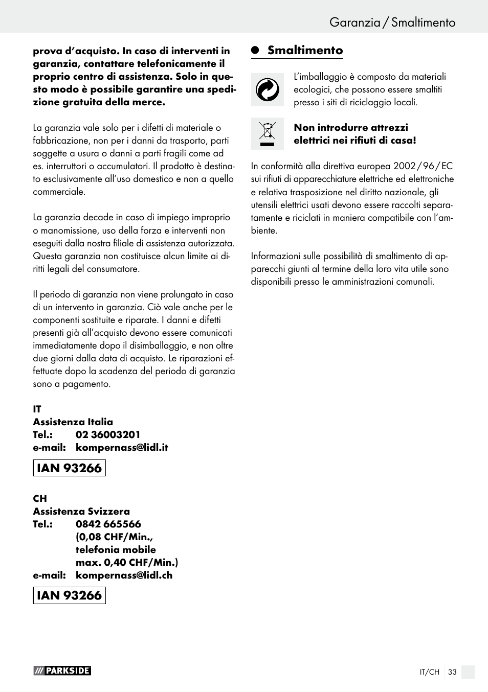 Smaltimento | Parkside PMFW 280 A2 User Manual | Page 33 / 44