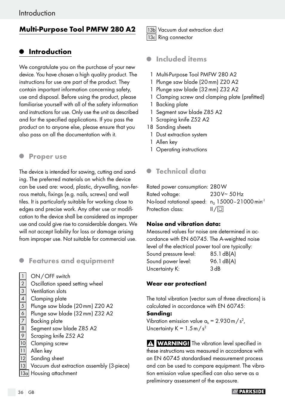 Multi-purpose tool pmfw 280 a2, Introduction, Proper use | Features and equipment, Included items, Technical data | Parkside PMFW 280 A2 User Manual | Page 36 / 44
