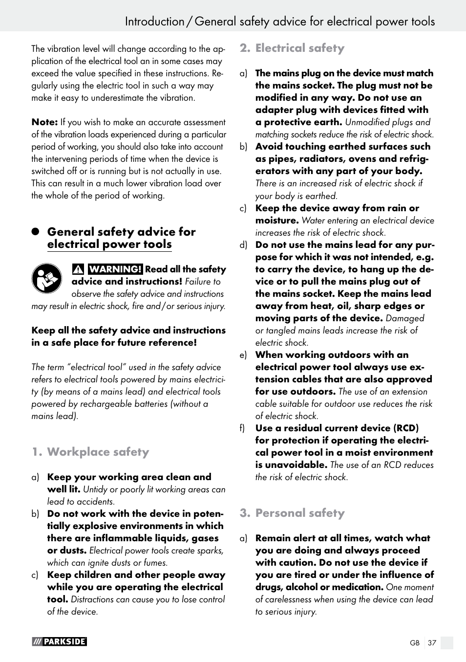 General safety advice for electrical power tools, Workplace safety, Electrical safety | Personal safety | Parkside PMFW 280 A2 User Manual | Page 37 / 44