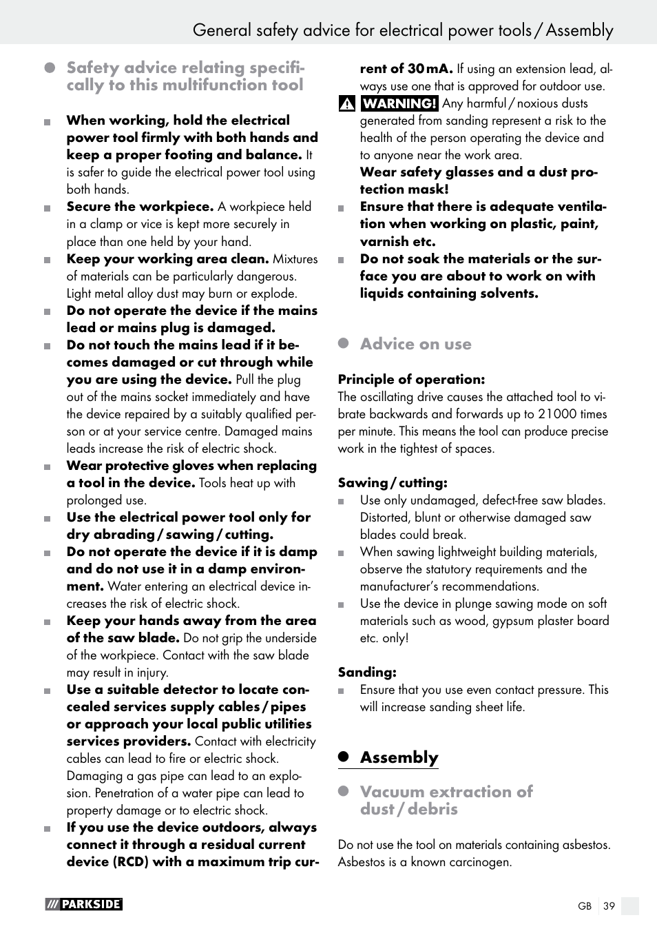 Advice on use, Assembly, Vacuum extraction of dust / debris | Parkside PMFW 280 A2 User Manual | Page 39 / 44