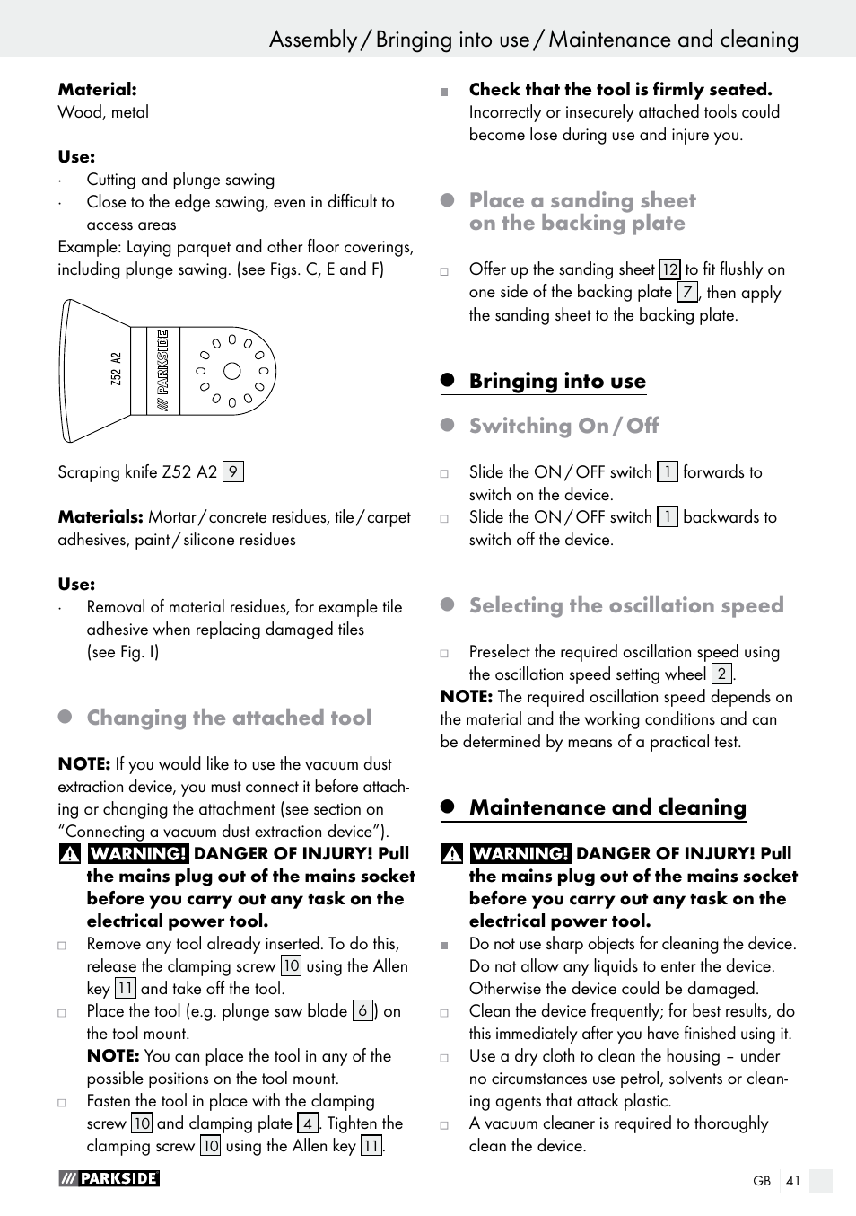 Changing the attached tool, Place a sanding sheet on the backing plate, Bringing into use | Switching on / off, Selecting the oscillation speed, Maintenance and cleaning | Parkside PMFW 280 A2 User Manual | Page 41 / 44