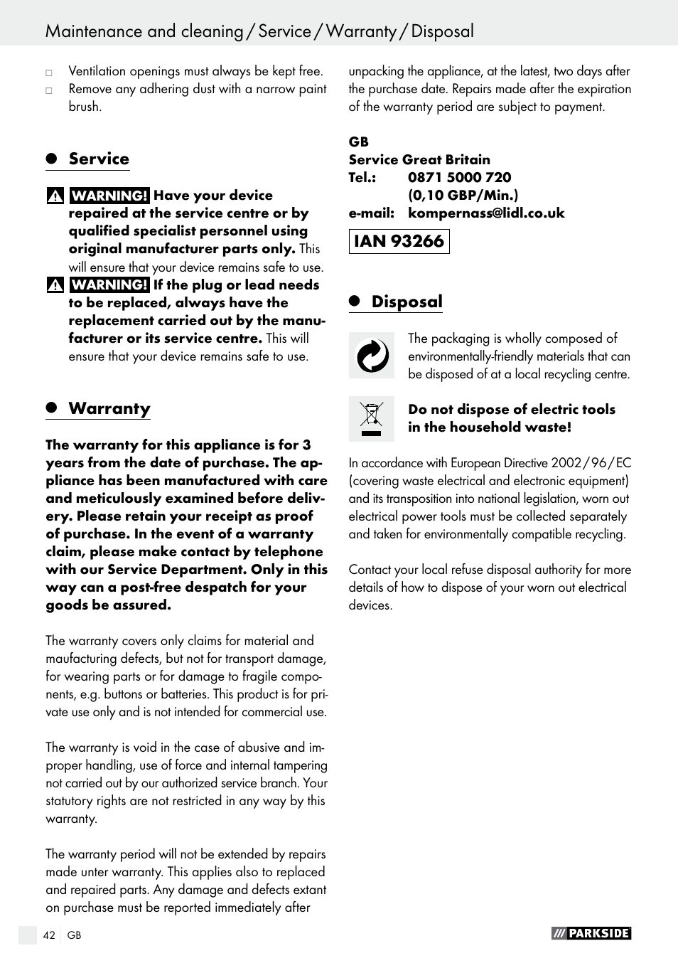 Service, Warranty, Disposal | Parkside PMFW 280 A2 User Manual | Page 42 / 44