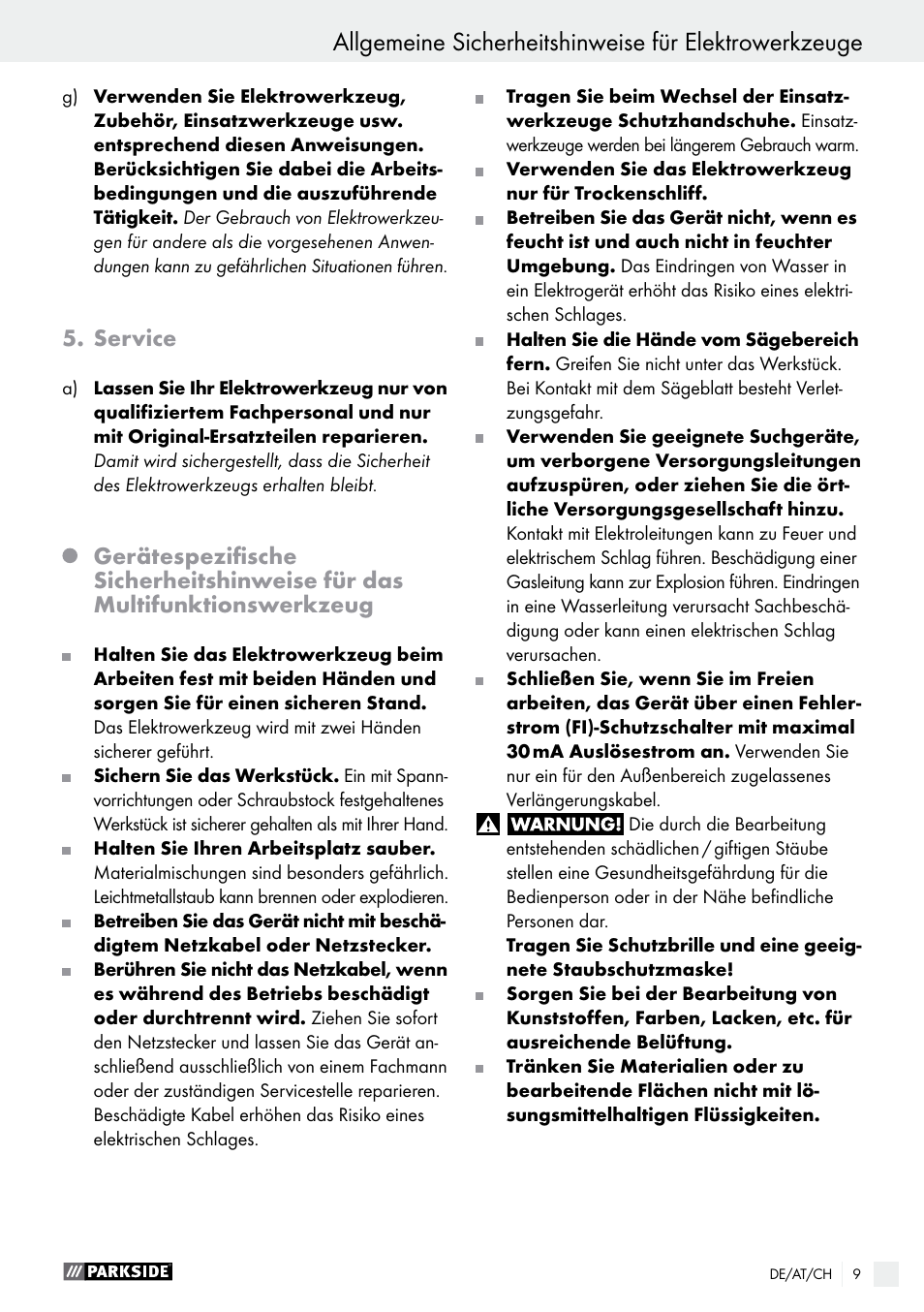 Service | Parkside PMFW 280 A2 User Manual | Page 9 / 44