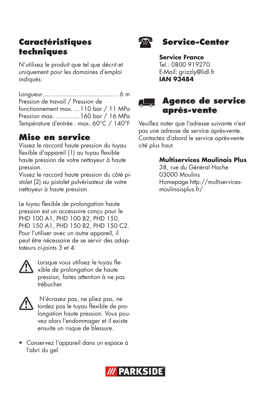 Caractéristiques techniques, Mise en service, Service-center | Agence de service après-vente | Parkside High-Pressure Extension Hose User Manual | Page 2 / 8