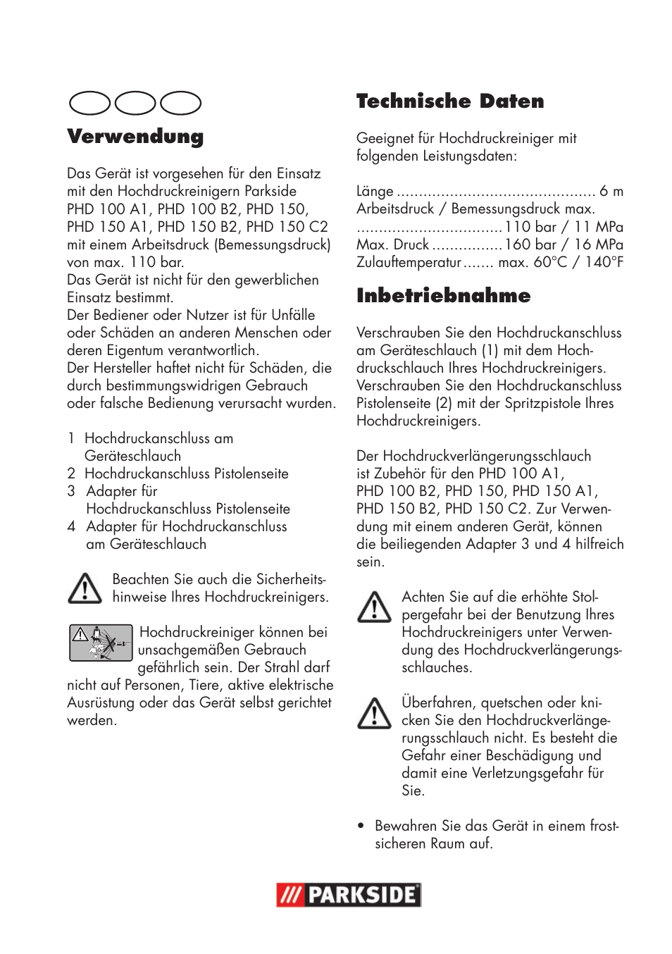 Verwendung, Technische daten, Inbetriebnahme | De at ch | Parkside High-Pressure Extension Hose User Manual | Page 3 / 8