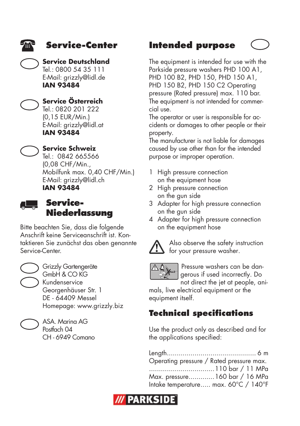 Service-center, Service- niederlassung, Intended purpose | Parkside High-Pressure Extension Hose User Manual | Page 4 / 8