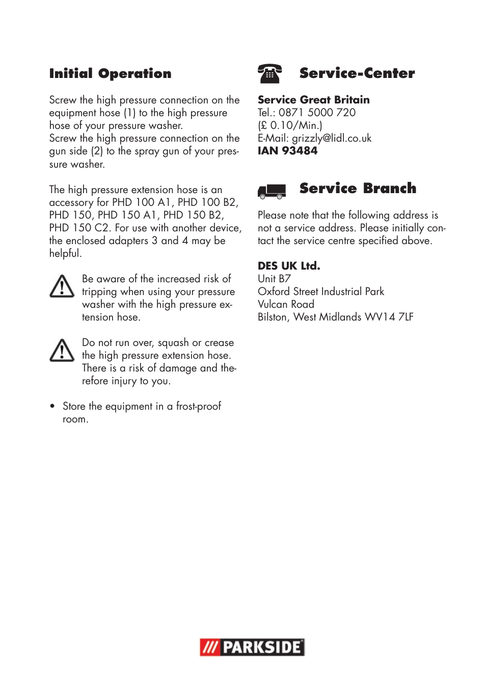 Service-center, Service branch, Initial operation | Parkside High-Pressure Extension Hose User Manual | Page 5 / 8