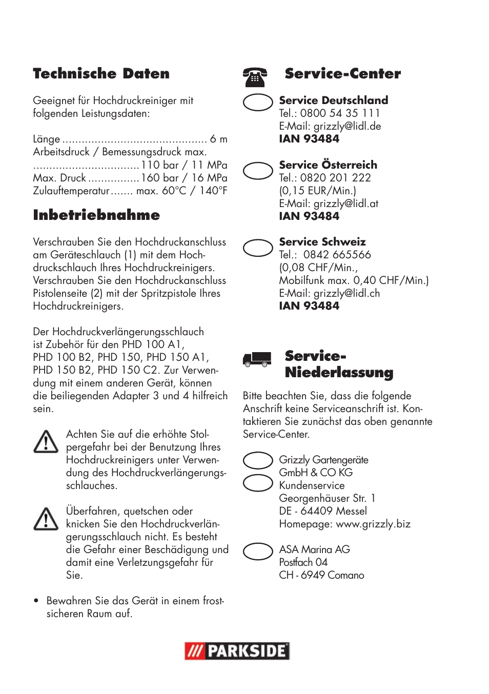 Technische daten, Inbetriebnahme, Service-center | Service- niederlassung | Parkside High-Pressure Extension Hose User Manual | Page 2 / 12
