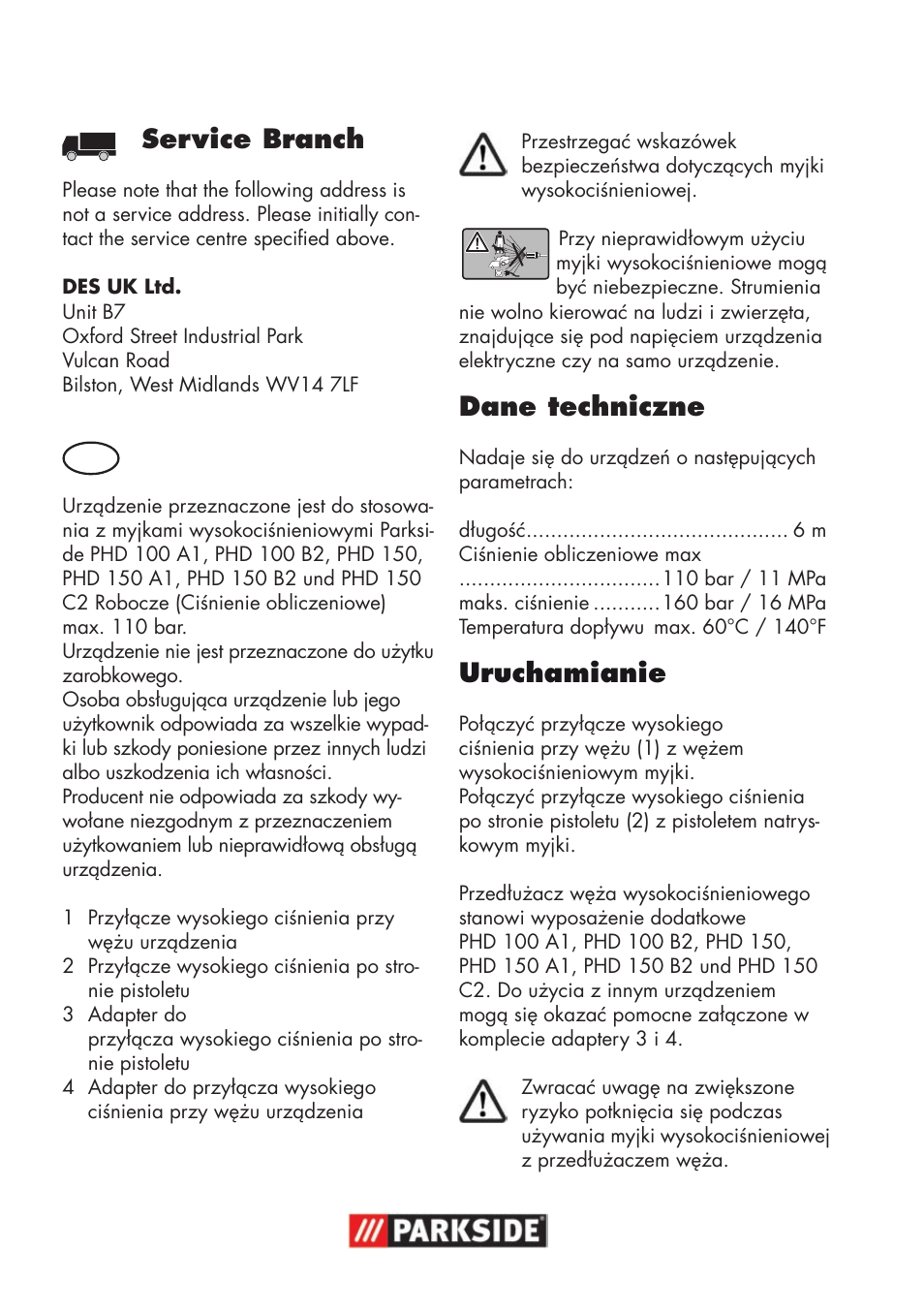 Service branch, Dane techniczne, Uruchamianie | Parkside High-Pressure Extension Hose User Manual | Page 4 / 12