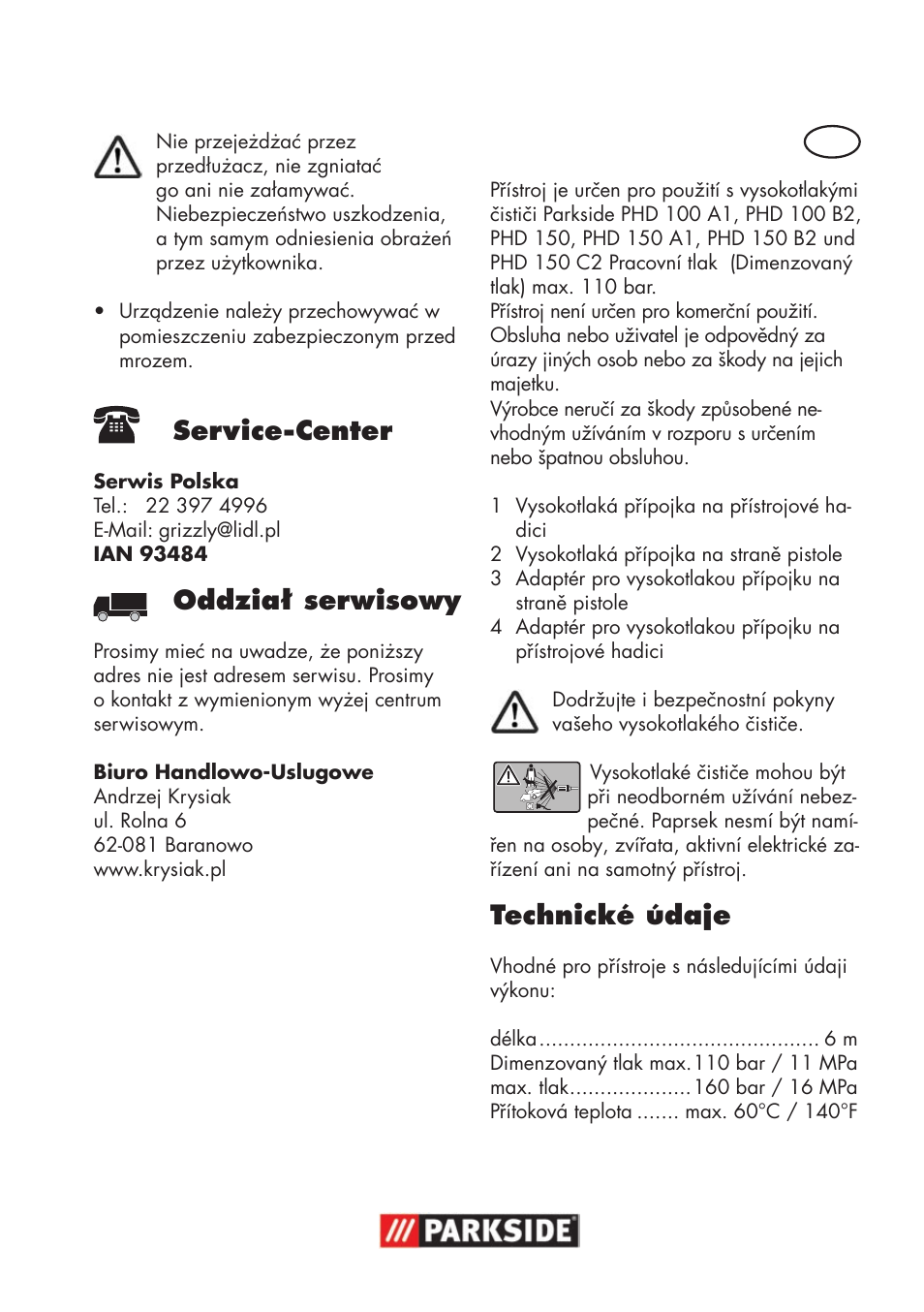 Service-center, Oddział serwisowy, Technické údaje | Parkside High-Pressure Extension Hose User Manual | Page 5 / 12