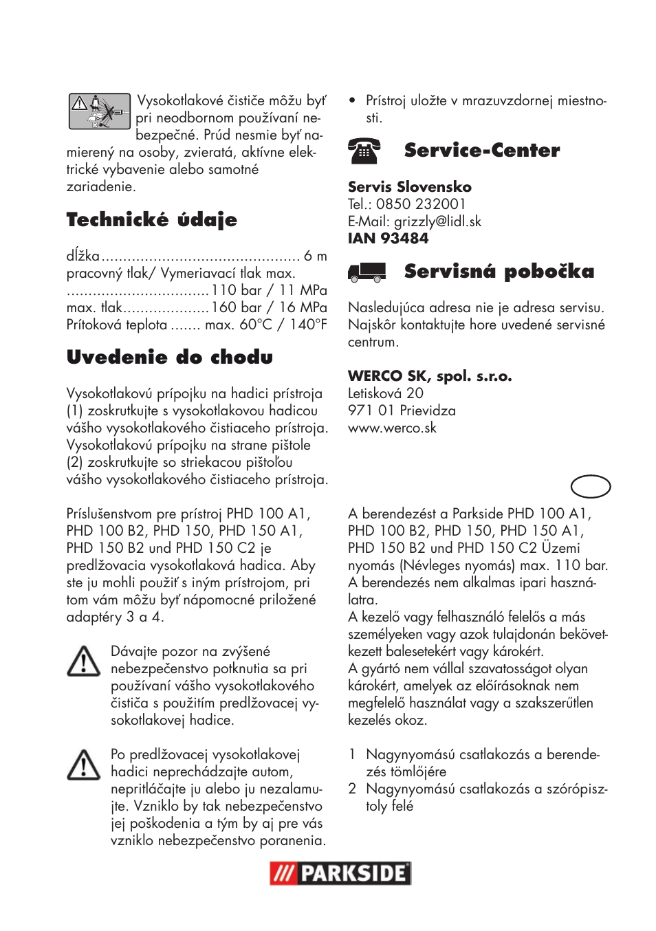 Technické údaje, Uvedenie do chodu, Service-center | Servisná pobočka | Parkside High-Pressure Extension Hose User Manual | Page 7 / 12