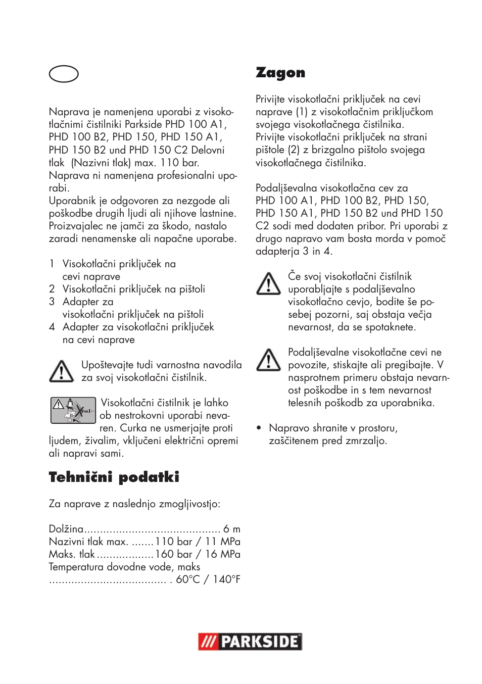 Tehnični podatki, Zagon | Parkside High-Pressure Extension Hose User Manual | Page 9 / 12