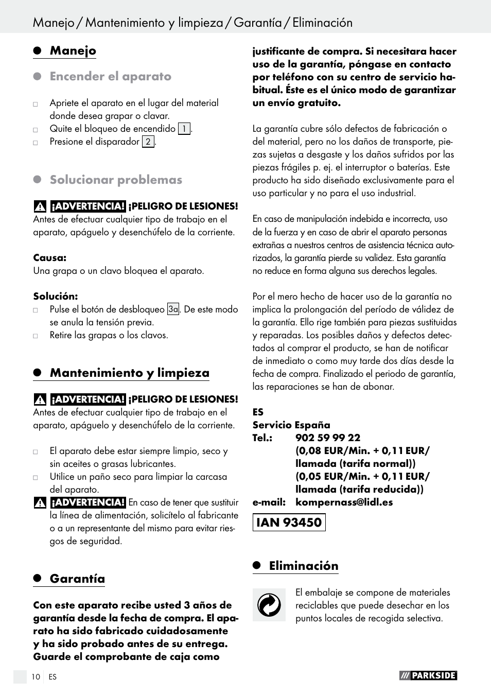 Manejo, Encender el aparato, Solucionar problemas | Mantenimiento y limpieza, Garantía, Eliminación | Parkside PHET 15 A1 User Manual | Page 10 / 44