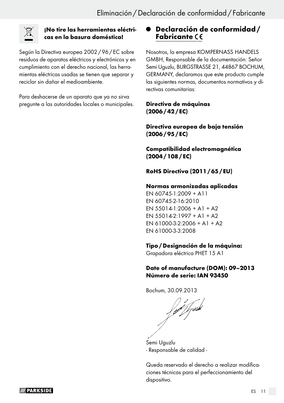 Declaración de conformidad / fabricante | Parkside PHET 15 A1 User Manual | Page 11 / 44