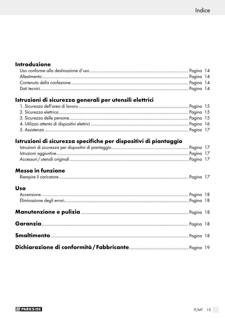 Indice | Parkside PHET 15 A1 User Manual | Page 13 / 44