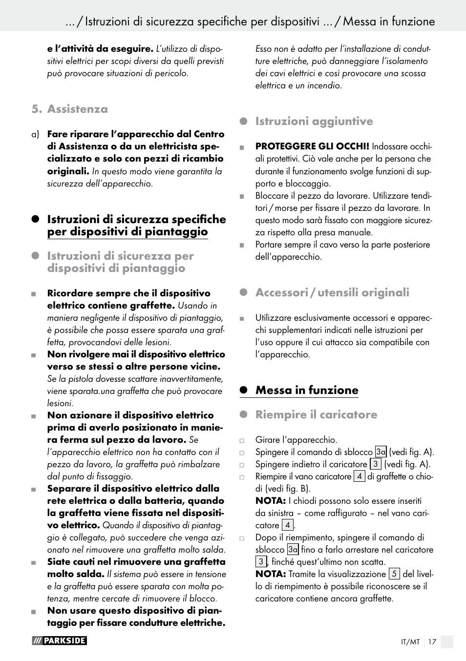 Assistenza, Istruzioni aggiuntive, Accessori / utensili originali | Messa in funzione, Riempire il caricatore | Parkside PHET 15 A1 User Manual | Page 17 / 44