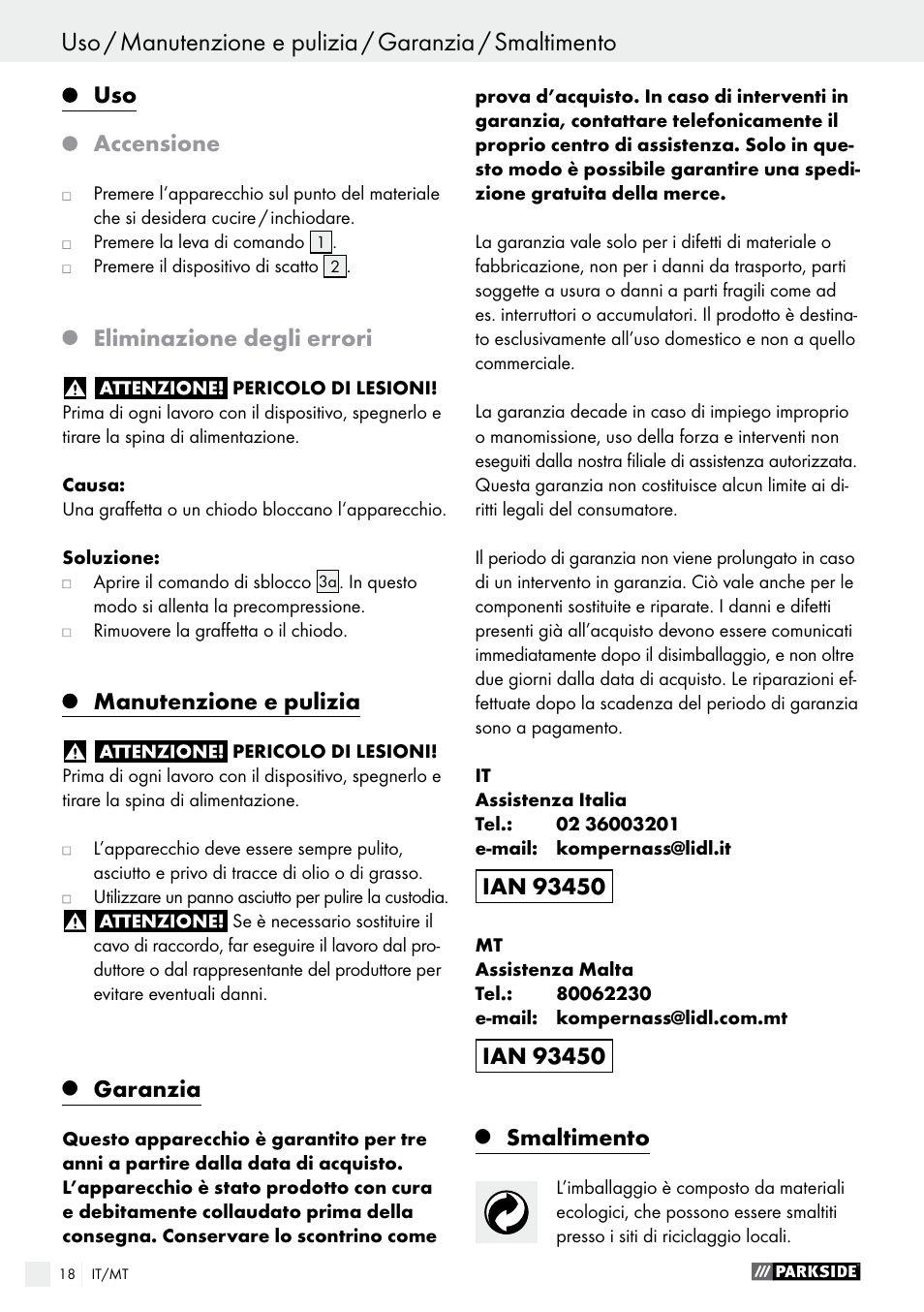 Accensione, Eliminazione degli errori, Manutenzione e pulizia | Garanzia, Smaltimento | Parkside PHET 15 A1 User Manual | Page 18 / 44