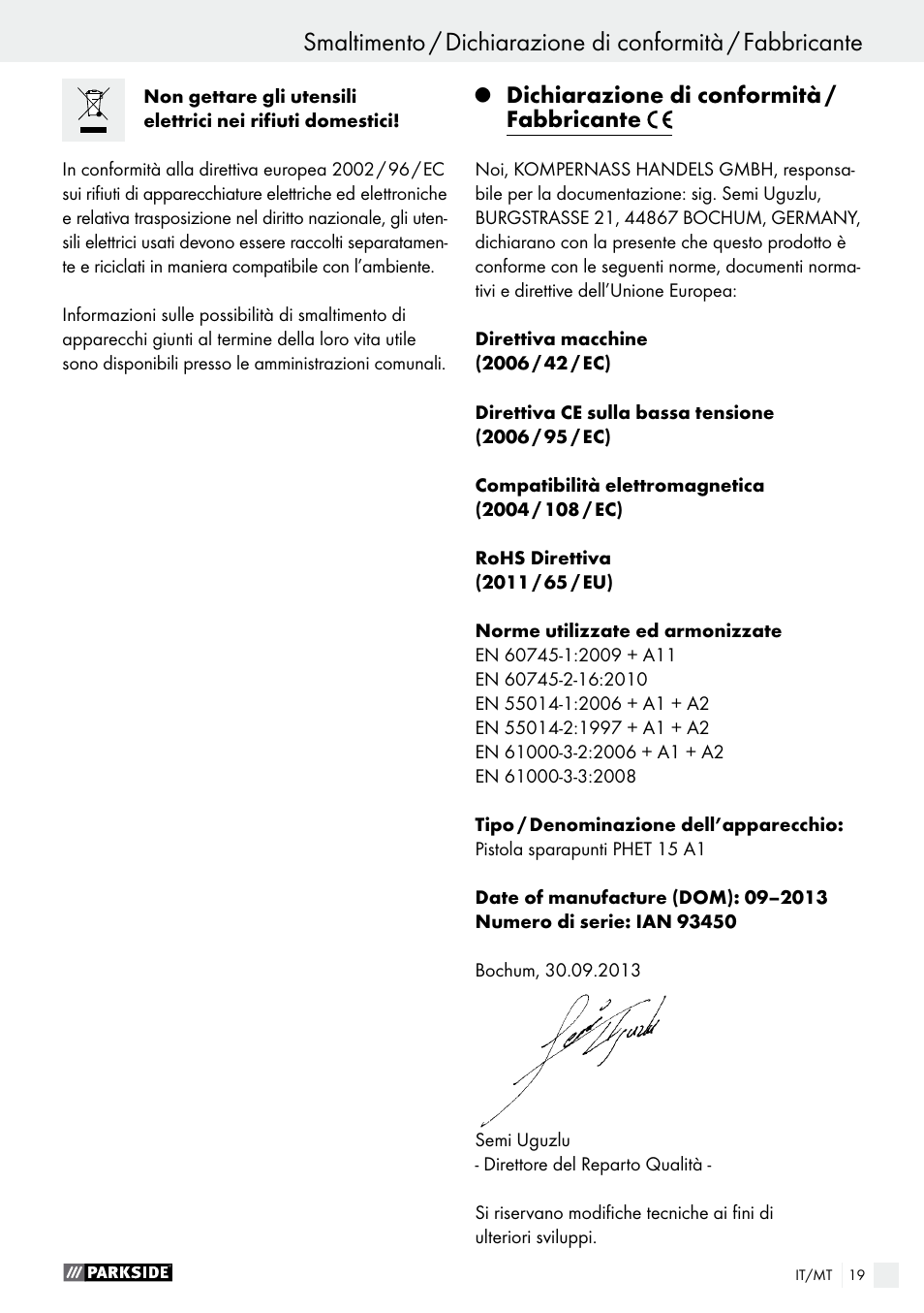 Dichiarazione di conformità / fabbricante | Parkside PHET 15 A1 User Manual | Page 19 / 44