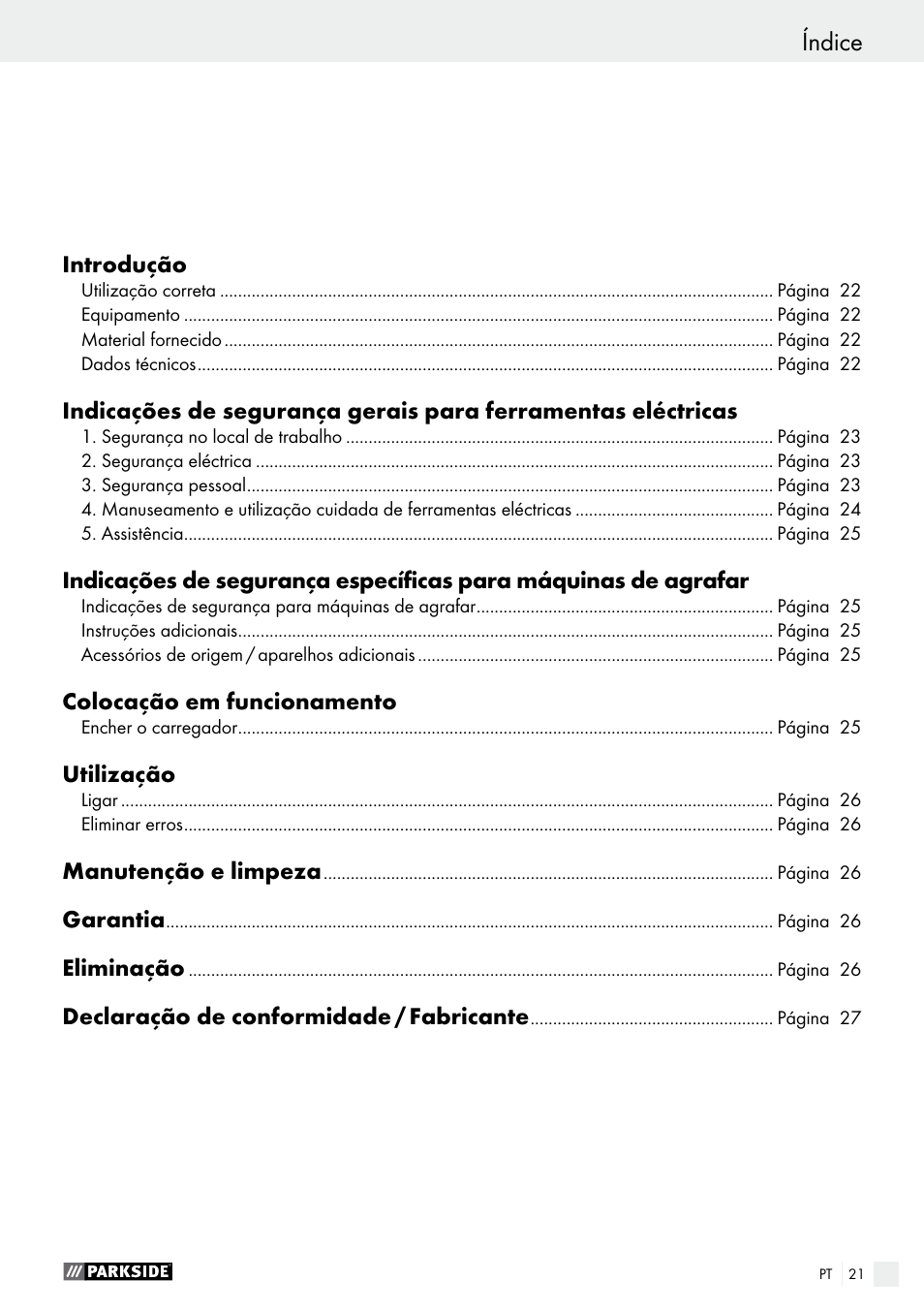 Índice | Parkside PHET 15 A1 User Manual | Page 21 / 44