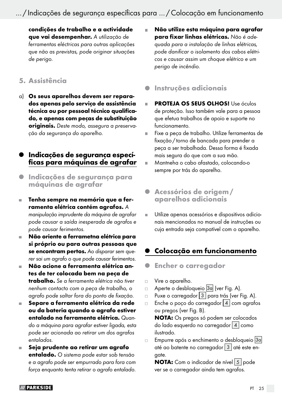 Assistência, Indicações de segurança para máquinas de agrafar, Instruções adicionais | Acessórios de origem / aparelhos adicionais, Colocação em funcionamento, Encher o carregador | Parkside PHET 15 A1 User Manual | Page 25 / 44