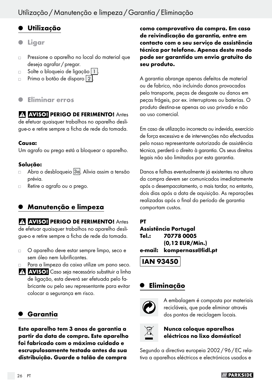 Utilização, Ligar, Eliminar erros | Manutenção e limpeza, Garantia, Eliminação | Parkside PHET 15 A1 User Manual | Page 26 / 44